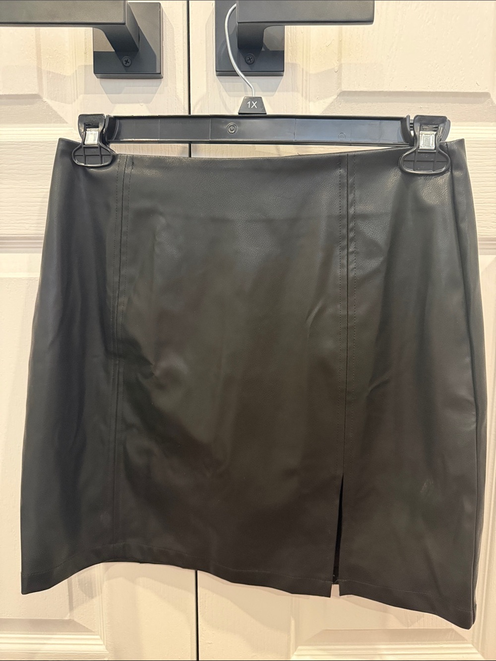 Black Faux Leather Mini Skirt - Classic A-Line with Slit - Size L